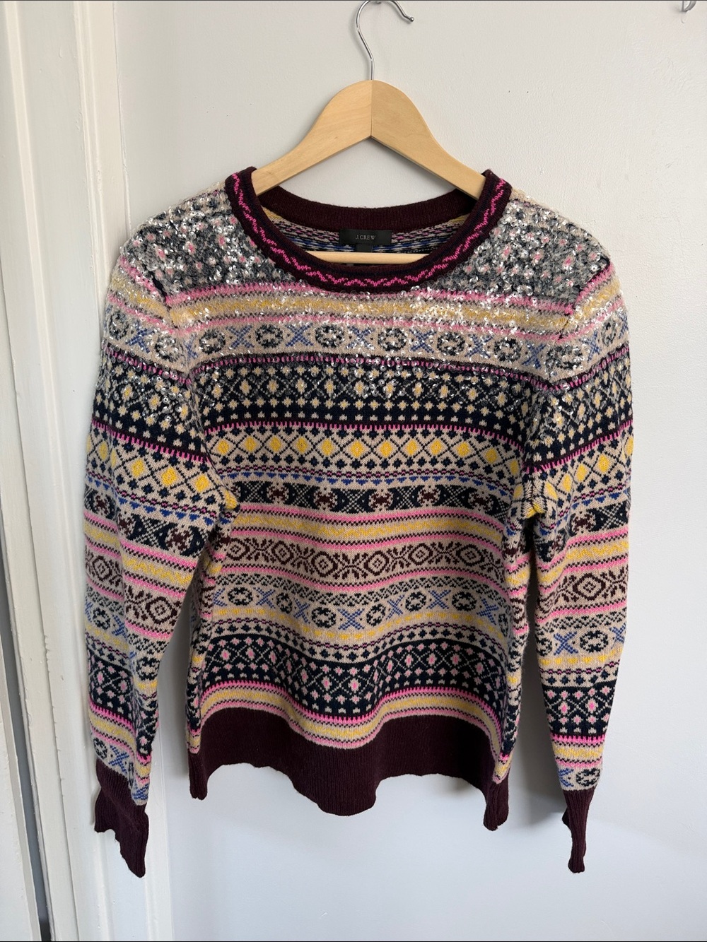 J. Crew Multicolor Fair Isle Crewneck Sweater in Navy, Pink, Cream & Burgundy